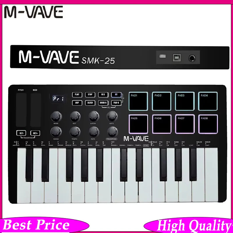 M-VAVE MIDI Keyboard Controller Beat Maker Machine Rechargeable 25 Keys MIDI Keyboard Arranging Strike Pad RGB MIDI Assignable