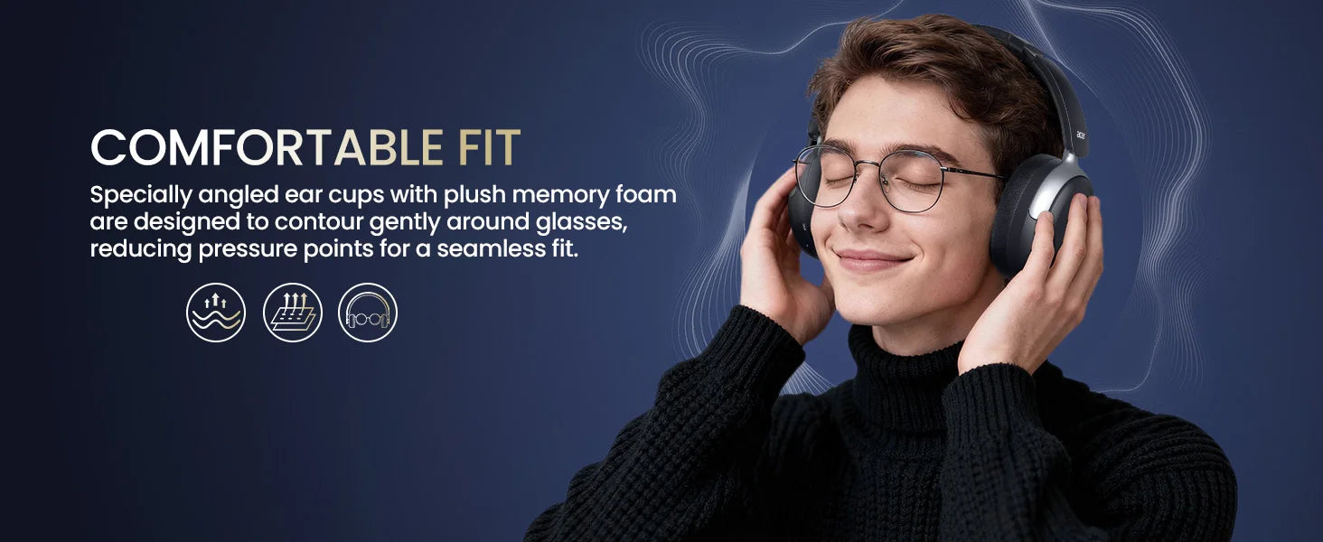 Acer ANC Wireless Headphone Noise Cancelling Hi-Res Spatial Audio Earphone Bluetooth Over Ear Headset 40mm Dynamic Driver OHR516
