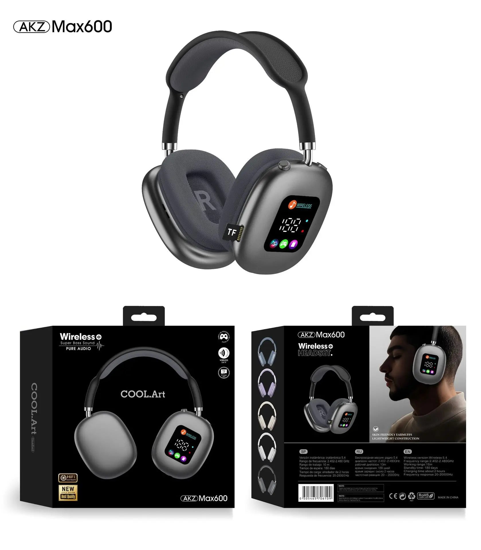 MAX600 Wireless Head-mounted Bluetooth Headset with Digital Display and Card Reader
