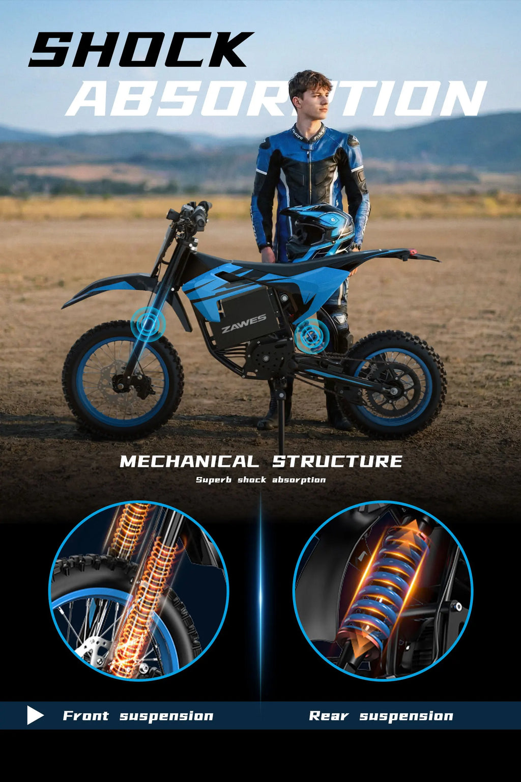 Electric Motorcycle ZAWES S3 60V 23.4AH E-Cross Bike Hydraulic brakes 46MPH 2000W Mountain Off-Road Ebike