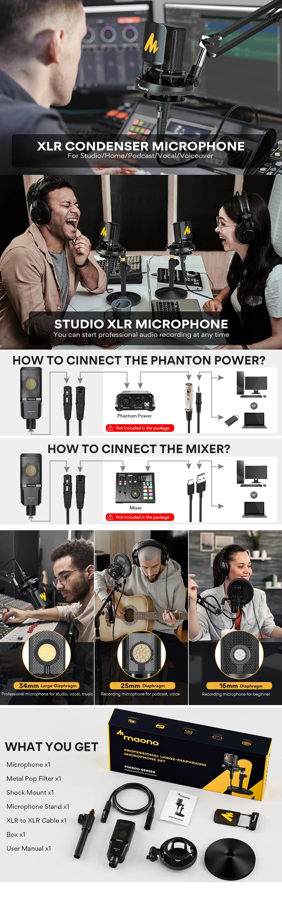 PM500T XLR Condenser Microphone 34mm Large Diaphragm Microphone Cardioid Studio Mic for Recording,Podcasting,Streaming,DJ