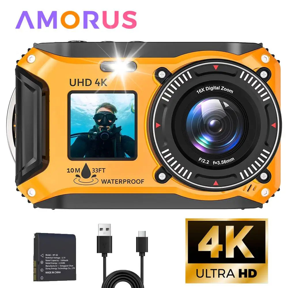4K Underwater Camera 33FT Waterproof Camera for Snorkeling Dual-Screen Compact Dustproof Floatable Autofocus 64MP Digital Camera