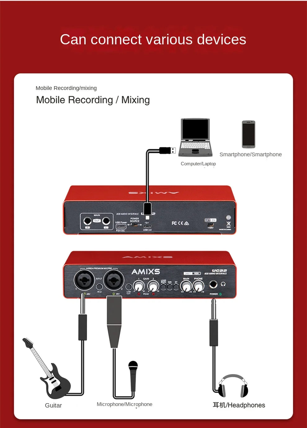 AMIXSQ22 Audio Interface for Recording Computer Free Drive USB External Sound Card for Pc Pro Audio Equipment Professional Video