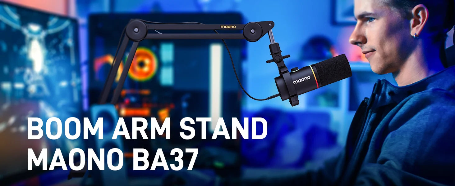 MAONO BA37 Microphone Boom Arm Heavy Duty Adjustable Metal Suspension Mic Stand Upgraded Desk Clamp 3/8" to 5/8" Screw Adapter