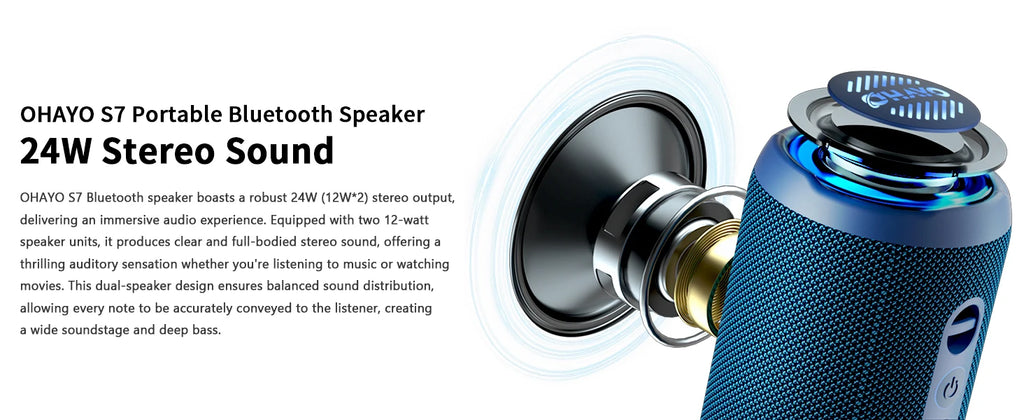 OHAYO Bluetooth Speaker 24W, Wireless Portable Outdoor Bluetooth Speakers, True Wireless Stereo IPX7 Waterproof, Dual Pairing Bluetooth 5.3 Built-in Mic