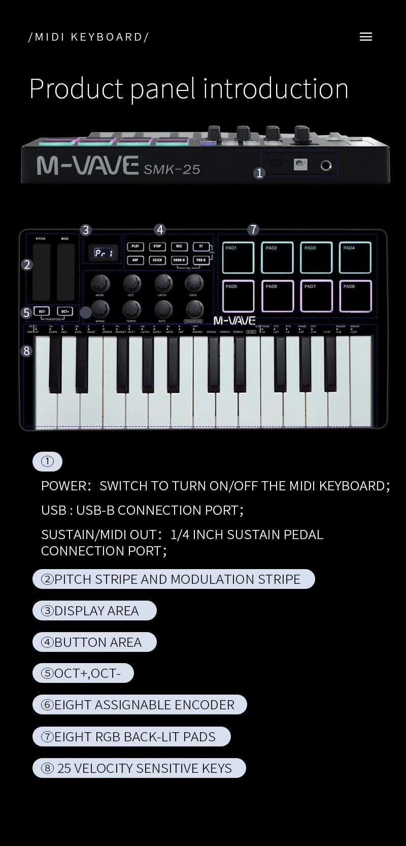 M-VAVE MIDI Keyboard Controller Beat Maker Machine Rechargeable 25 Keys MIDI Keyboard Arranging Strike Pad RGB MIDI Assignable