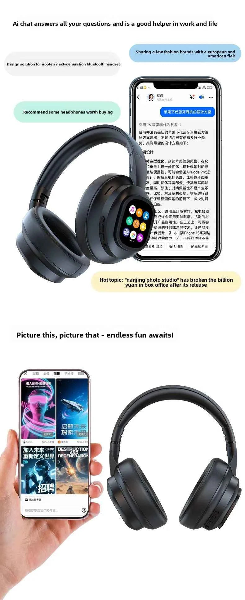 New HYUNDAI X1PRO Wireless Bluetooth 6.0 HIFI Headphone, 100+Languages,With Magnetic Touch Control LED Screen