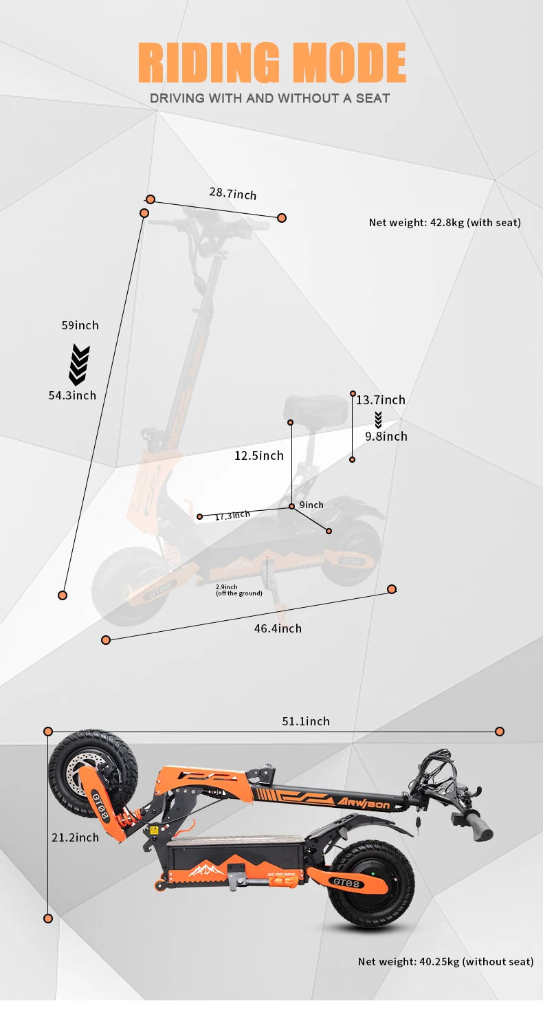 Arwibon GT08 Adult Electric Scooter 5600W Motor Top Speed 46MPH, 60V27AH, 11 Inch Off-Road Tires Sport Commuter Folding EScooter