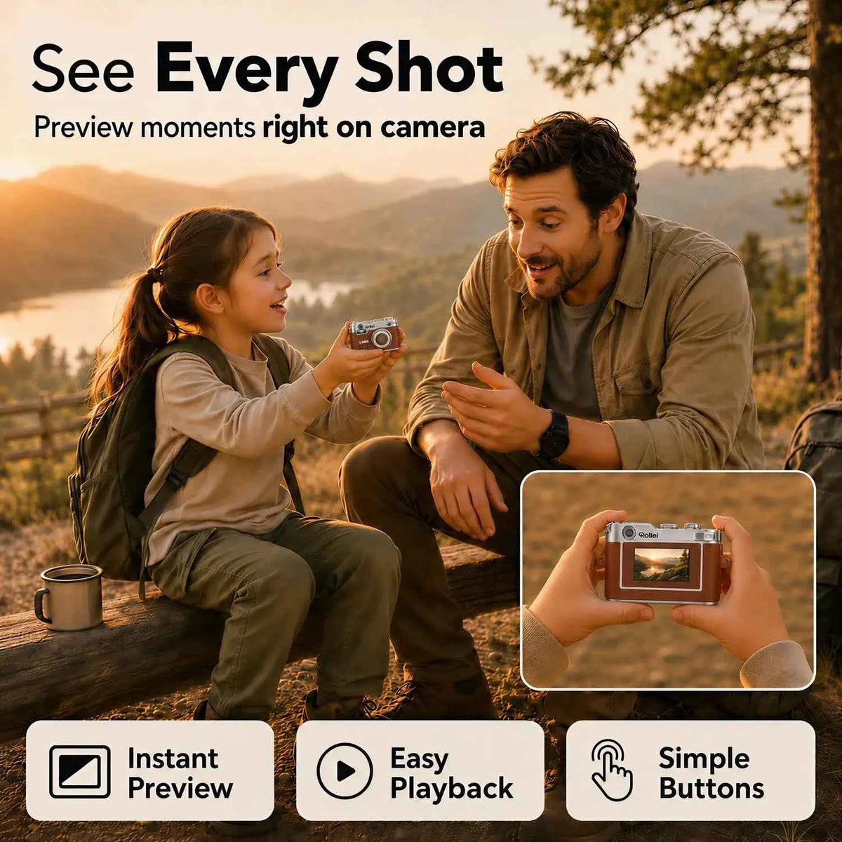 【US STOCK】Rollei Mini Keychain Digital Camera 1080P for Travel Camping Vlog (Brown) | Mini Vintage Camera, FHD Small Retro Digital Camera with 0.96 Inch Colour Screen, Compact Photo Camera with Flash & Recording
