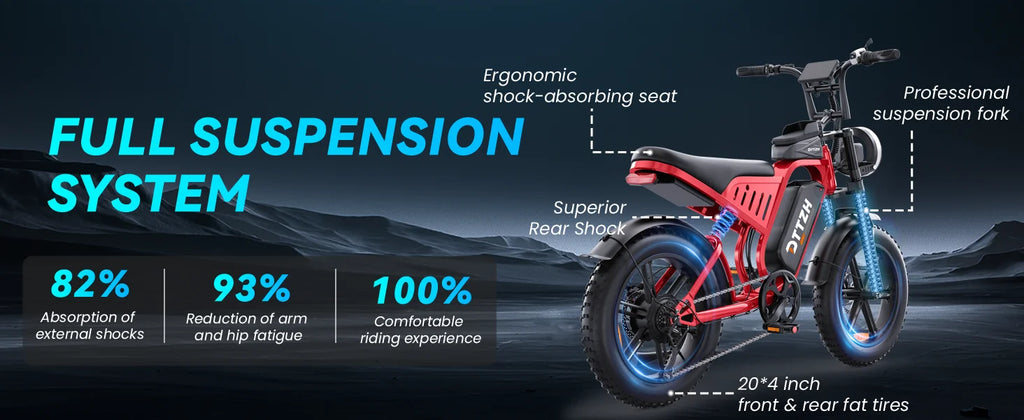 DTTZH F6S Electric Bike for Adults, 2000W Peak 40MPH 48V 25Ah Removable Battery, 20"x4.0" Fat Tire Full Suspension 7-Speed E-Bike, NFC Unlock, UL 2849 Certified, 1 Year Warranty