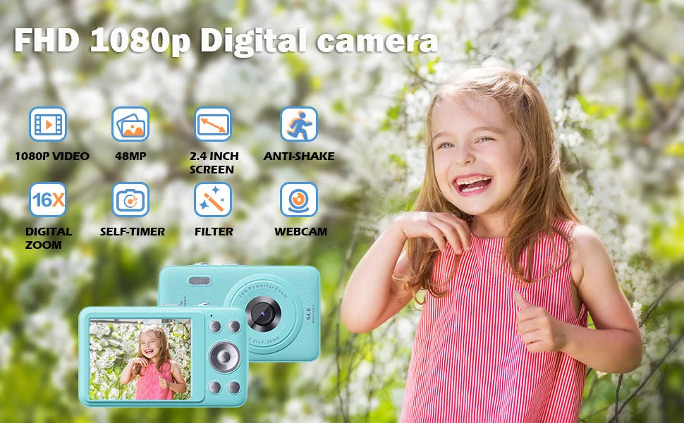 2026 New 48MP 1080P Full HD Digital Camera - 2.4-Inch Portable Auto-Focus Vlogging Camera with 32GB Memory Card & 16X Zoom | USB-C Rechargeable, Built-in Puzzle Game | Compact Travel Camera for Beginners - Budget-Friendly Hol