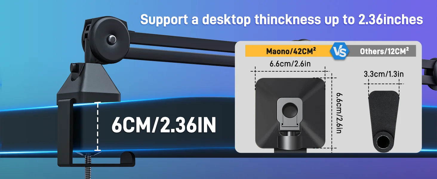 MAONO BA37 Microphone Boom Arm Heavy Duty Adjustable Metal Suspension Mic Stand Upgraded Desk Clamp 3/8" to 5/8" Screw Adapter