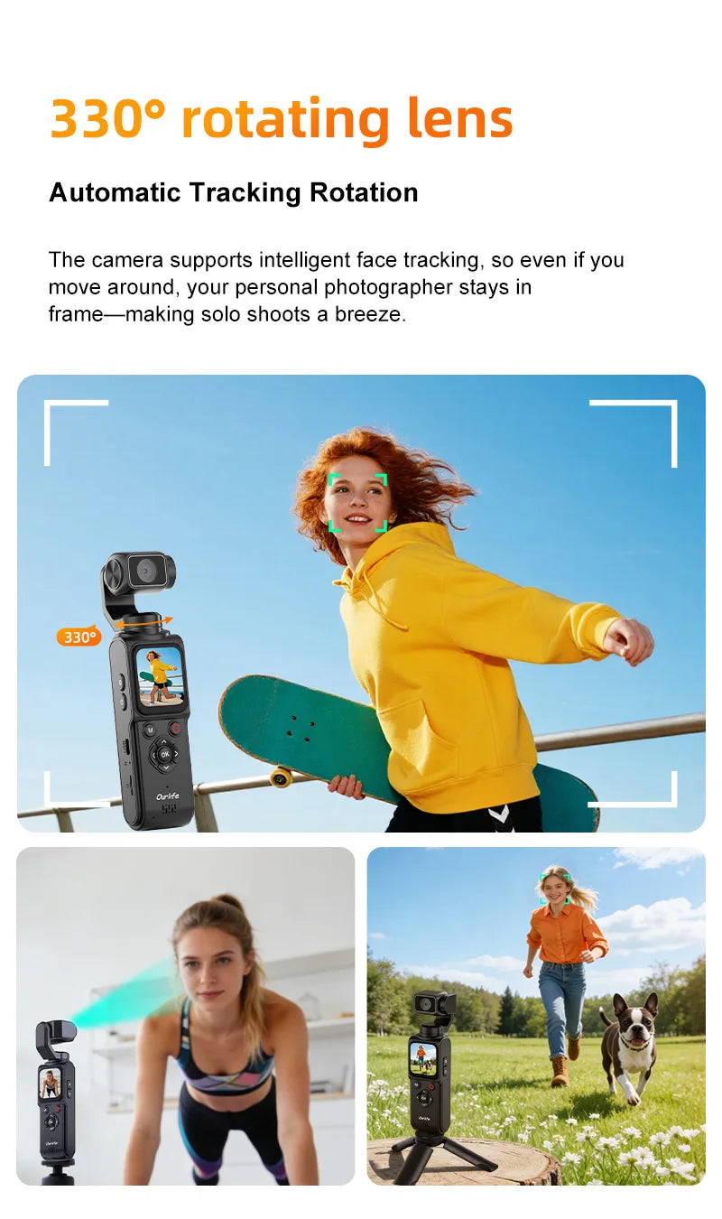 Ourlife 4K Action Camera 330° Face Tracking Gimbal Stabilizer 1.72 Inch Touch Screen 64MP Pocket Digital Camera WiFi Sports Cam