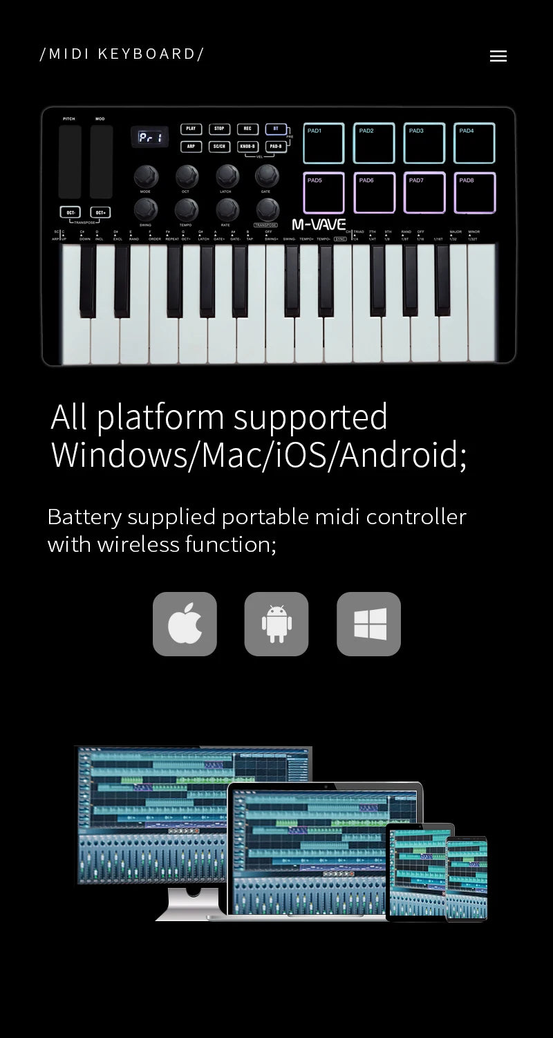 M-VAVE MIDI Keyboard Controller Beat Maker Machine Rechargeable 25 Keys MIDI Keyboard Arranging Strike Pad RGB MIDI Assignable