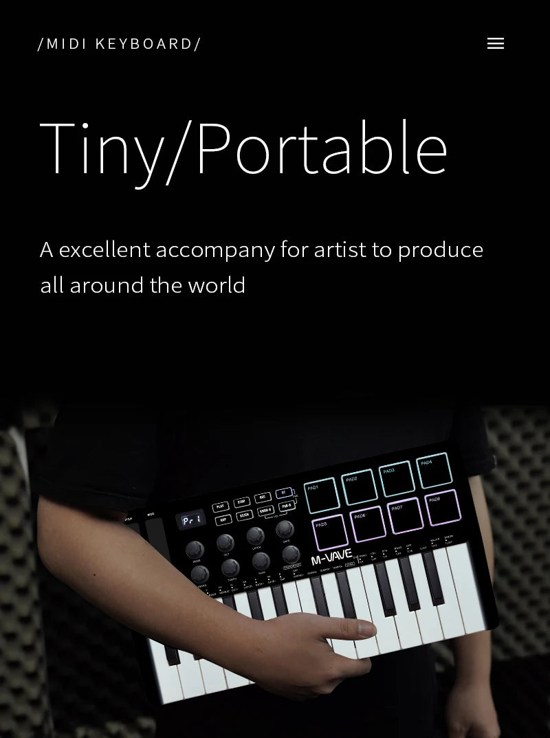 M-VAVE MIDI Keyboard Controller Beat Maker Machine Rechargeable 25 Keys MIDI Keyboard Arranging Strike Pad RGB MIDI Assignable