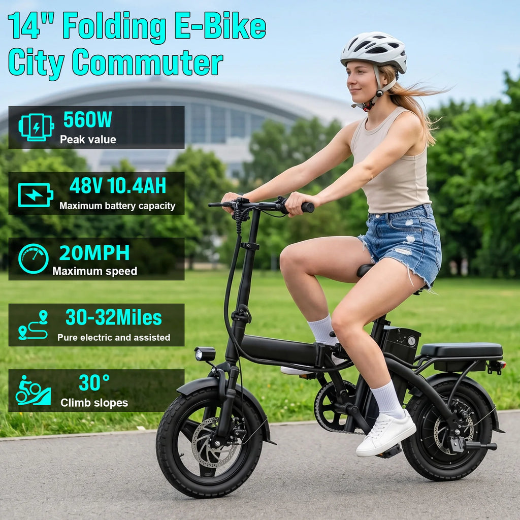 560W Adult Electric Bikes,20MPH,48V10.4AH Removable Battery,14inch Folding Electric Bike,Multi-Shock Absorption Electric Bicycle