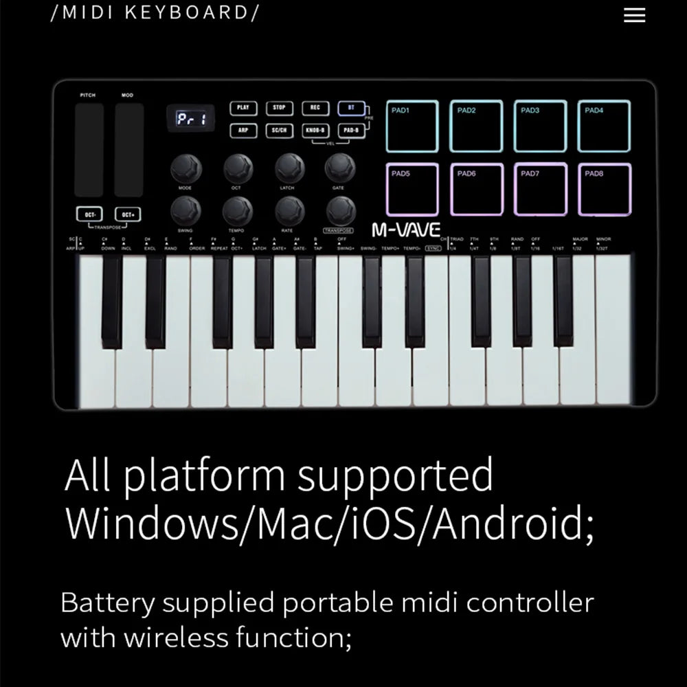 M-VAVE MIDI Keyboard Controller Beat Maker Machine Rechargeable 25 Keys MIDI Keyboard Arranging Strike Pad RGB MIDI Assignable
