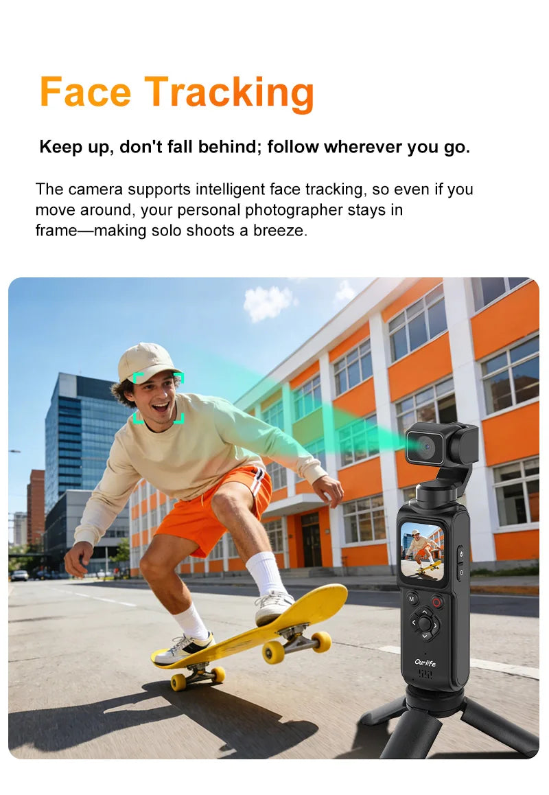 Ourlife 4K Action Camera 330° Face Tracking Gimbal Stabilizer 1.72 Inch Touch Screen 64MP Pocket Digital Camera WiFi Sports Cam